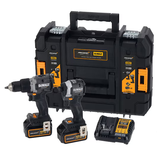 DEWALT DCK200MP2T McLaren verktøysett med slagdrill, slagtrekker, batterier, lader og TSTAK-koffert